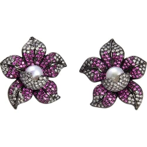 GG Jewelry Cz Pave Pearl Earrings White Pearl Gunmetal Gold Plated Cz Flower Earrings