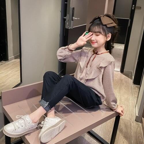 Girls Spring Autumn Stripe Pullover Blouse + Trousers Sets Children Clothing 14 Years Teens Wear Fashionable Roupa Menina