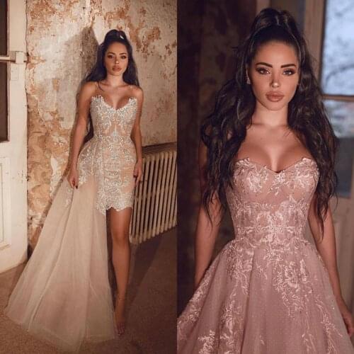 Short Prom Dresses with Detachable Train Lace Appliqued A Line Sweetheart Arabic Evening Dress Custom Made Formal Party Gowns