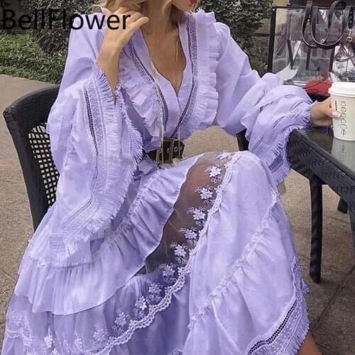 Lace Swing Dresses for Women Summer A-LINE Zipper Flounced Edge Flare Sleeve V-Neck Solid Long Sleeve See Through White Dress