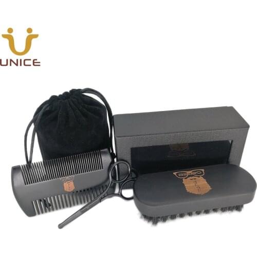 MOQ 100pcs Custom LOGO OEM Men Beard Care Suit Fine & Coarse Teeth Wood Comb & Boar Bristle Beard Brush & Scissors in Gift Box