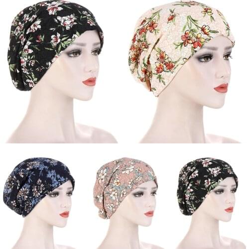Muslim Hijab Women Turban Hat Hollow Lace Flower Print Beanie Skullies Baggy Cap Bone Female Turban Cap Summer Autumn Sun Hat
