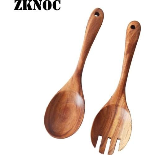 2Pcs Wooden Kitchen Fork Set Big Rice Scoop Salad Mixing Serving Cutlery Set oblong shape Tableware Wooden Utensils Cooking Tool