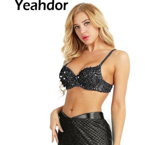 Lingerie Bras for Women Fashion Sparkle Sequins Beading Padded Bra Top for Raves Dances Club Wear Belly Dancing Party Costume