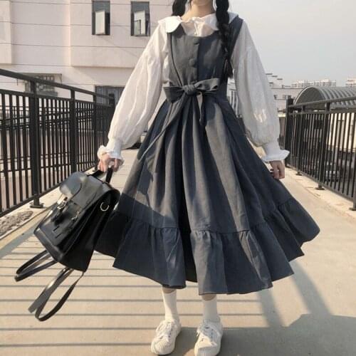 Kawaii Japanese Sweet Lolita Dress Women Bowknot Bandage High Waist Straps Dress Girl Student Princess Tea Party Loli Dresses