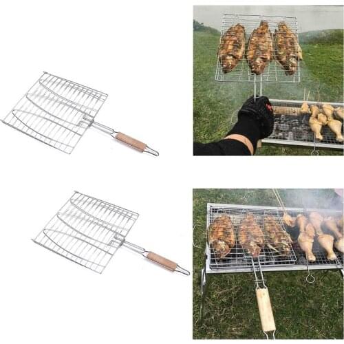 BBQ Fish Grill Net Barbecue Grilling Fish Rack Non-Stick Triple Fish Grilling Basket Wood Handle Barbecue Tool