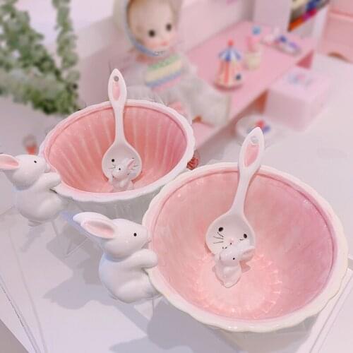 Pink Rabbit Ceramic Bowl Student Breakfast Cereal Bowl Three-dimensional Rabbit Instant Noodle Bowl Fruit Bowl Kitchen Supplies