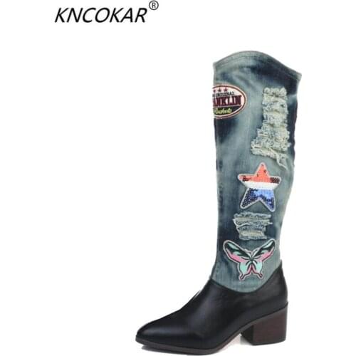 Women Spring Autumn Flats Denim Genuine Leather Buckle Pearl Knee High Boots Lady 2017 New Fashion Jean Long Boots