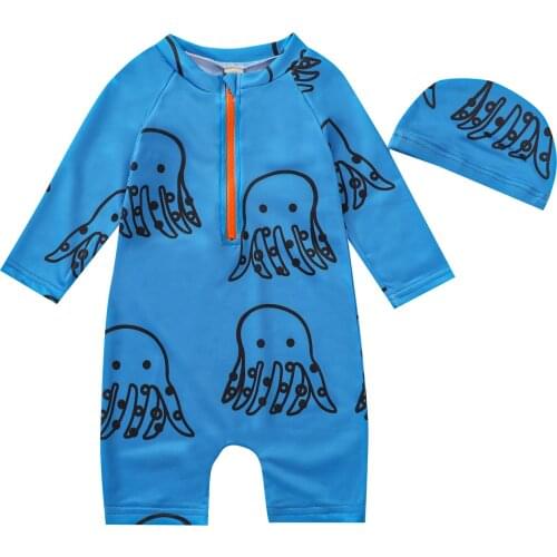 1-6Y Bikini Short Sleeve One-Piece Swimsuit Toddler Baby Boys Kids Cartoon Beachwear Bathing Children Swimwear With Swimming Cap