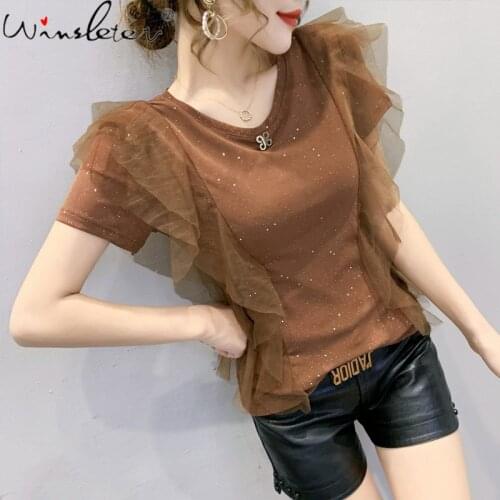 Summer European Clothes T-Shirt Girls Fashion Sexy O-Neck Shiny Patchwork Mesh Ruffles Women Tops Short Sleeve Tees 2021 T13111A