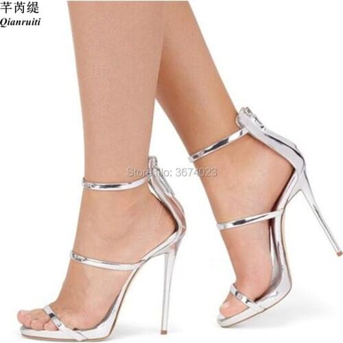 Qianruiti Women Three Straps Metallic Sandals Open Toe High Heels Gladiator Patent Leather Zip Stilettos Naked Sandals Party