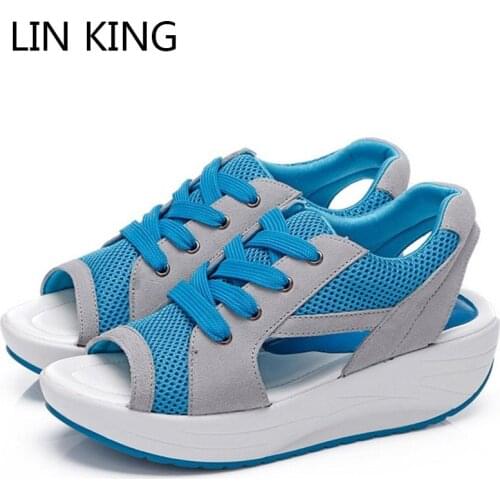 LIN KING Women Height Increasing Mesh Sandals Breathable Female Casual Sandals Platform Slip On Plus Size Girls Summer Shoes