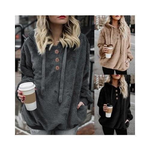 Womens Autumn Winter Long-sleeved Hooded Solid Color Ladies Sweater Fleece Jacket Casual Loose Wild Warm Top Drawstring Hoodie
