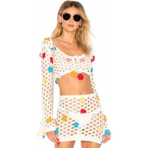 Flower Patch Hollow Out Flare Sleeve Crop Sweater & Skirt Mini Casual Women Boho Fashion Tracksuit