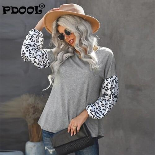 Womens Sweater Autumn Winter 2021 European and American New Leopard Stitching Lantern Sleeve Round Neck Pullover Long SleeveTop