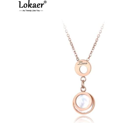 Lokaer Stainless Steel Jewelry Love Letter Pendant White Shell With Circle Rose Gold Color Necklace For Women Collier N18077