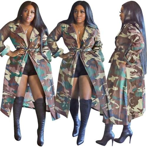 Plus Size Camouflage Print Trench Coat for Women Winter Clothes Long Sleeve Outwear Oversized Coats and Jackets Abrigo Mujer