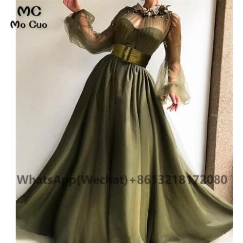 2021 Dark Green A-Line Evening Prom Dresses Long Sleeves Beaded Pearls Sashes Satin Sheer Tulle Womens Evening Prom Gown