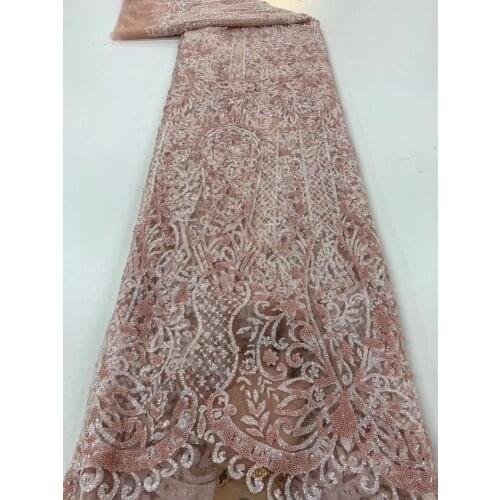 African Lace Fabric With Beads Manual Embroidery Heavy Shiny Sequins French Mesh Lace Fabric For Nigerian Wedding Party Sewing