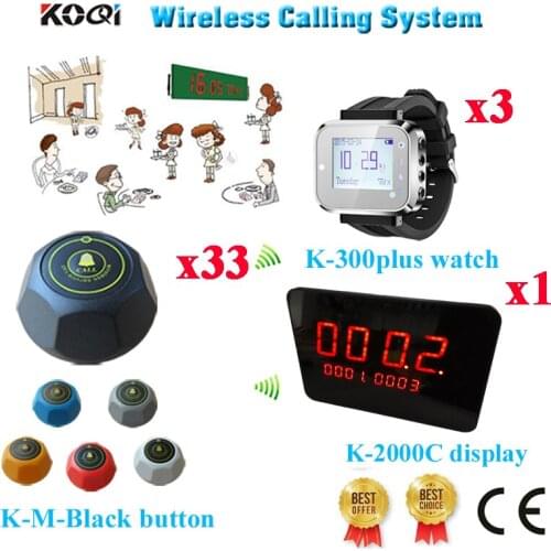 Wireless Table Waiter Service Call Bell Paging System Pager Buzzer 1-Key Bell With CE( 1 display+ 3 watch+ 33 call button)
