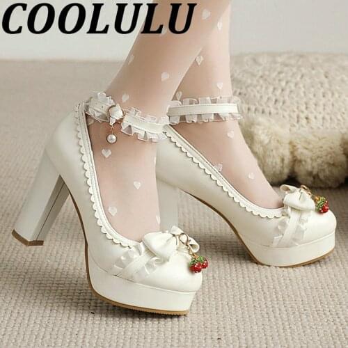 COOLULU 2021 Wedding Pumps Lolita Shoes Lace Pumps with Bow Women Shoes Platform High Heels Ankle Strap Elegant Block High Heels