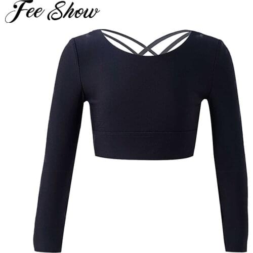 Kids Girls Pure Color Round Neck Long Sleeves Criss Cross Open Back Crop Sport Tops for Active Workout Gym Dance Sports Shirts