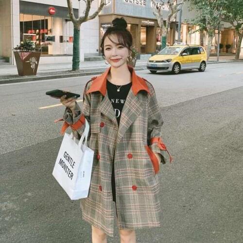 Double Breasted Jacket Femme Mid-Length 2021 New Korean Color Contrast Temperament retro plaid Belt Trench Coat Women Lining 11