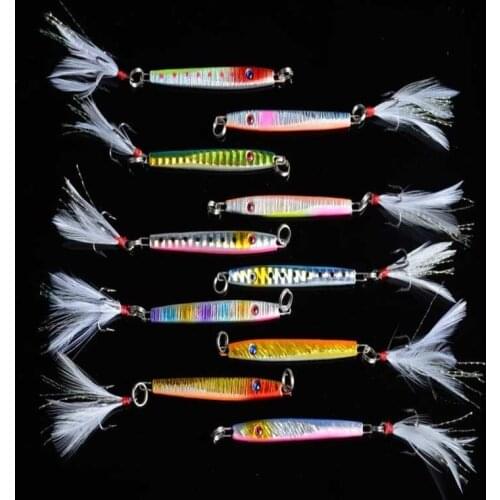Htdob 10Pcs 11g Metal Jigging Lure With Feather Hooks Fishing Spoon Sea Hard Lure SliceJig Bait Fishing Tackle