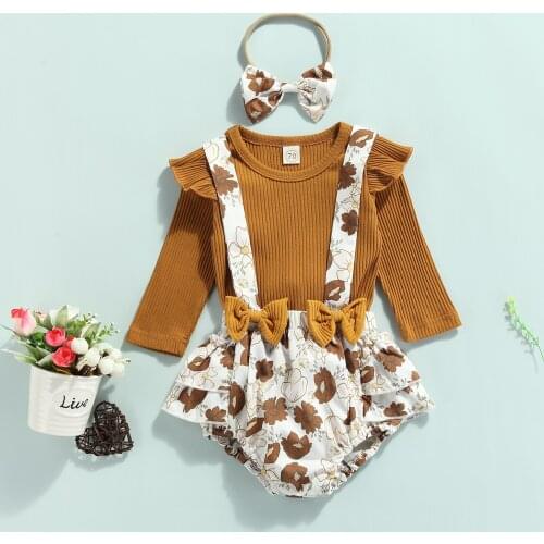 3Pcs Little Girls Outfit, Sweet Style Solid Color Long Sleeve Round Collar Tops + Floral Printing Suspender Shorts + Headwear