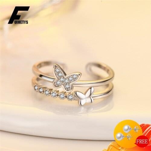 Fashion 925 Silver Jewelry Ring Butterfly Shape Zircon Gemstones Open Finger Rings for Women Wedding Promise Party Accessories
