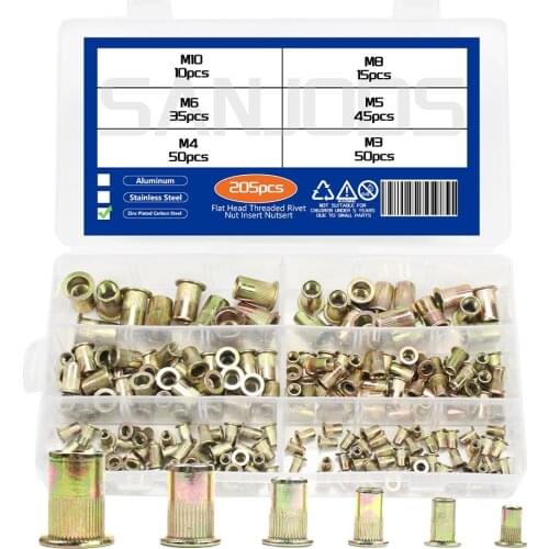 205Pcs Flat Head Threaded Rivet Nut Zinc Plated Riveter M3 M4 M5 M6 M8 M10 Rivnut Stainless Steel Aluminum Insert Nutsert Kit