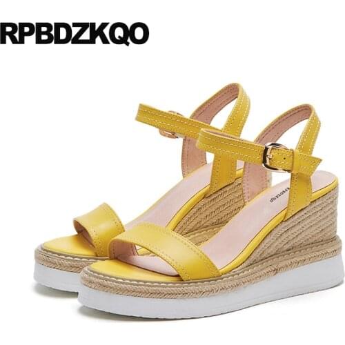 Pumps Shoes Women Luxury Rope Summer Yellow Slingback Genuine Leather 2018 Strap Espadrilles High Heels Platform Wedge Sandals