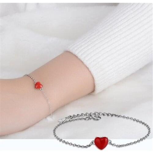 New Fashion Simple Sweet Love 925 Sterling Silver Jewelry Personality Cute Heart Shaped Red Epoxy Bracelets SB238