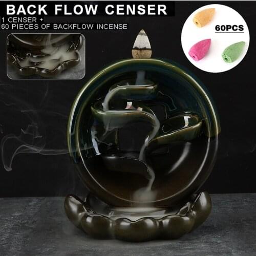 Backflow Incense Burner Ceramic Holder + 60 Cones Set For Improving Your Sleep Quality Rounded Waterfall Smoke