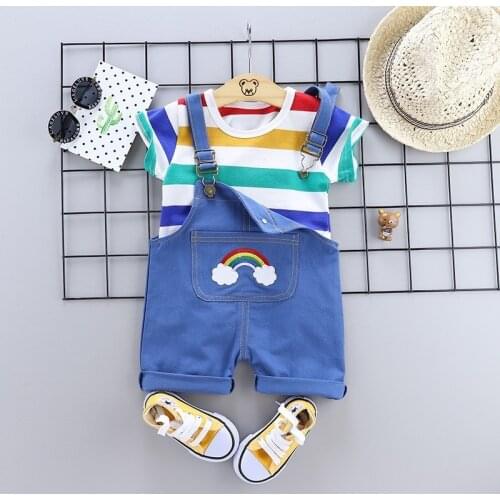 Infant Baby Girls Children Clothing for 1-4 Years Boys Summer Set 2 PCS Bib Suit Toddler Striped Short-sleeved Dress Rainbow