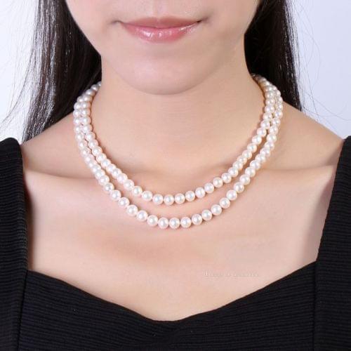 Double strand 9-10MM freshwater NATURAL WHITE PEARL NECKLACE 18"19" 14K GOLD