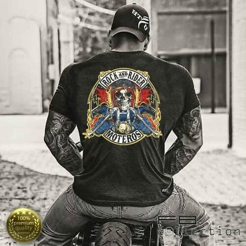 Rock Rider Skull Bikers T-Shirt Summer Cotton Short Sleeve O-Neck Mens T Shirt New S-3XL Moteros