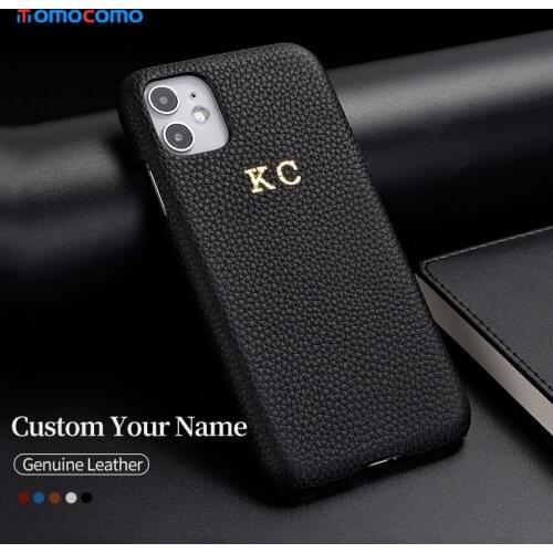 Custom Pebble Grain Genuine Leather Luxury Gold Initial Name Phone Case Cover For iPhone 12 11 Pro Max XS XR Max 7 8 7Plus 8Plus
