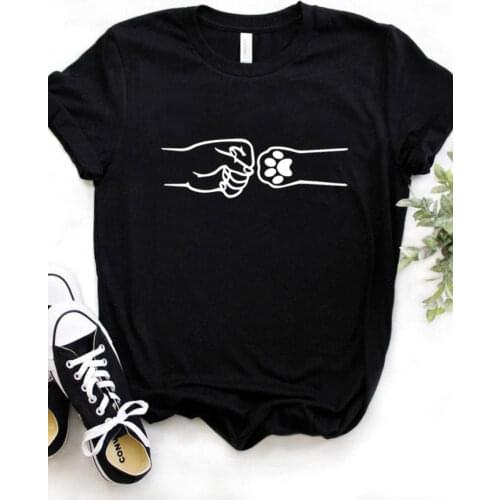 Dog Cat Hand Fist Bump Print Women T Shirt Short Sleeve O Neck Loose Women Tshirt Ladies Fashion Tee Shirt Tops Camisetas Mujer