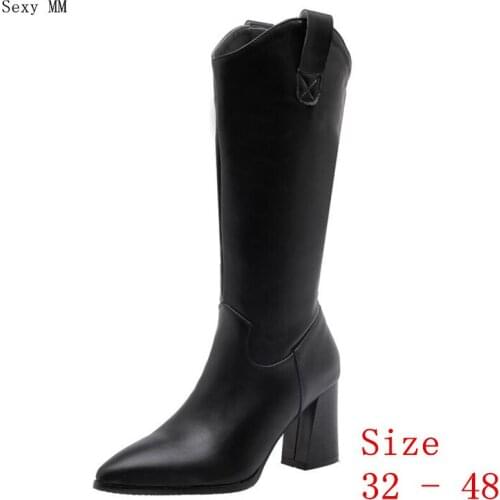 Spring Autumn Women Mid Calf Boots Woman High Heel Long Boots Botas Small Plus Size 32 - 48