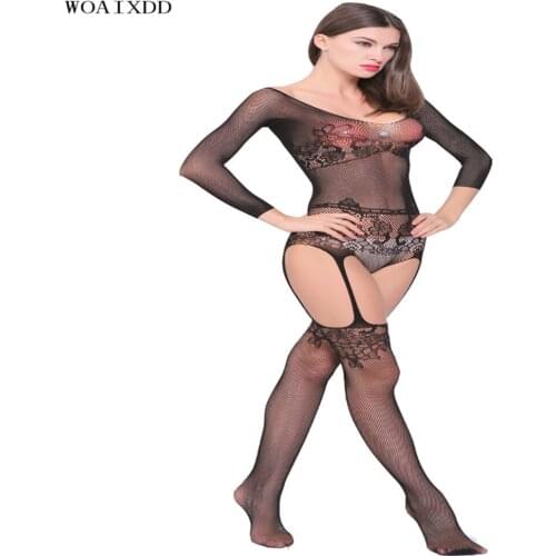 New Black Sexy Bodystocking Fishnet Sheer Mesh Bodysuit Leotard Sex Clothes Open Crotch Mesh Flower Hot Stocking On The Body
