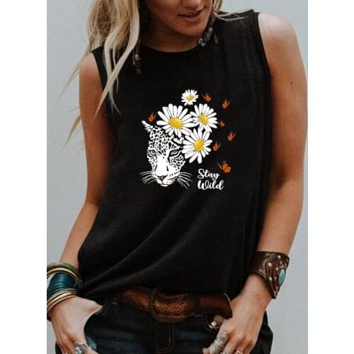 Stay wild Leopard Tank top Beautifu Daisy Butterflies summer style Trendy Sleevele shirts women fashion casual vintage tops