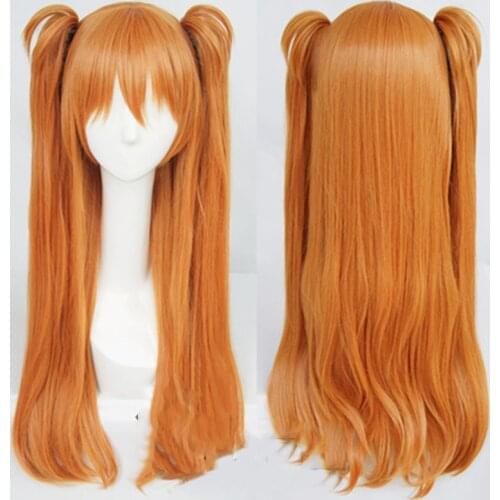 High Quality Hair EVA Asuka Langley Soryu Long Orange Heat Resistant Hair Cosplay Costume Wig + 2 Ponytail Clips