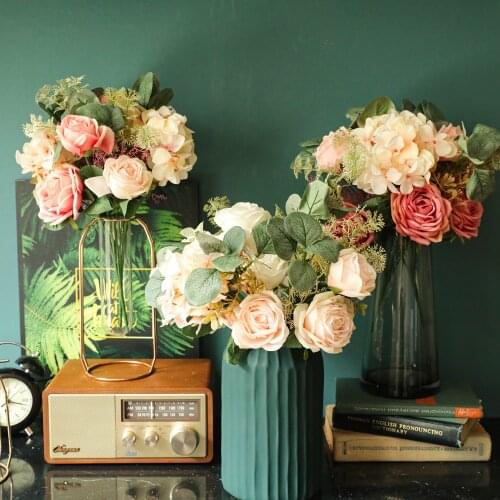High Quality Artificial Flower Bouquet Wedding Centerpiece for Tables Fake Silk Hydrangea Peony Bouquet for Home Wedding Party