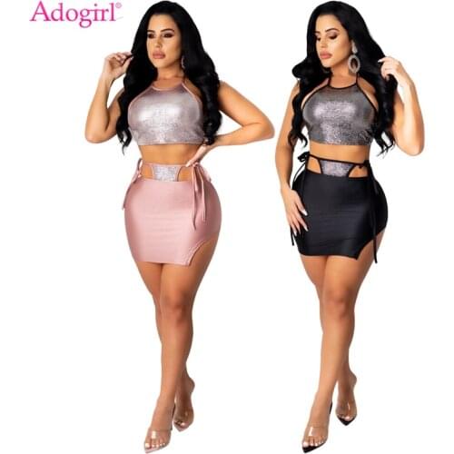 Adogirl Women Sparkling Two Piece Set Lace Up Backless Halter Vest Crop Top High Split Bodycon Mini Skirt Night Club Dress