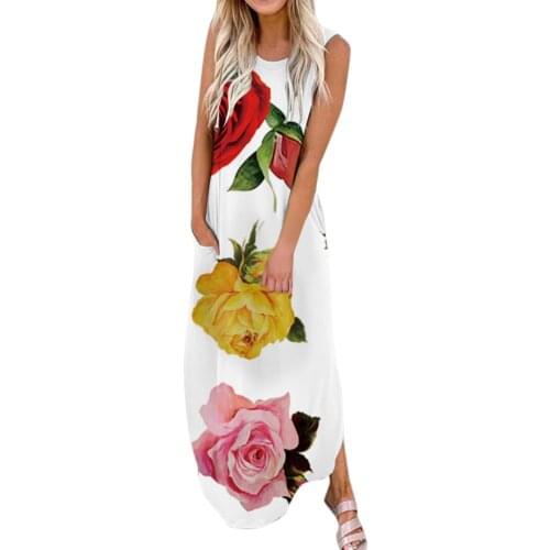 Fashion Summer Maxi Dress Womens Floral Print Sundress Casual Sleeveless O-Neck Camisole Vestidos Female High Waist Robe Femme