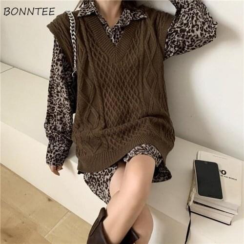 Sweater Vest Women Solid Autumn Loose Leisure All-match Knitted Harajuku Korean Ins V-Neck Sleeveless Outwear High Street Femme