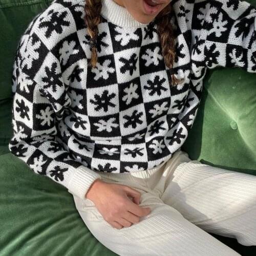 Vintage Fashion Flowers Plaid Sweater Women y2k 2000s Aesthetic Korean Knitted Autumn Sweaters Pullovers Loose Jumper