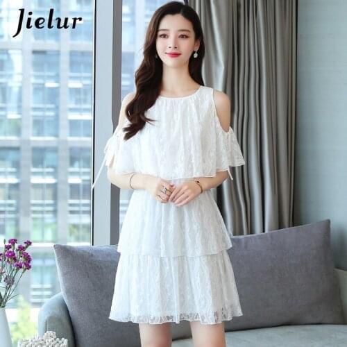Jielur Lace Dress Women Off Shoulder 2021 Summer Dresses Femme Elegant Abito Donna Solid Color O-neck White Black Dress S-XXL