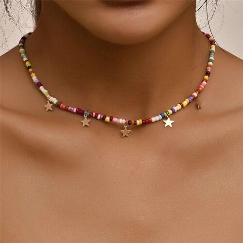 2021 Vintage Fashion Boho Choker Necklace For Women Collar Simple Mixed Color Bead Gold Five-pointed Star Pendant Jewelry Gift